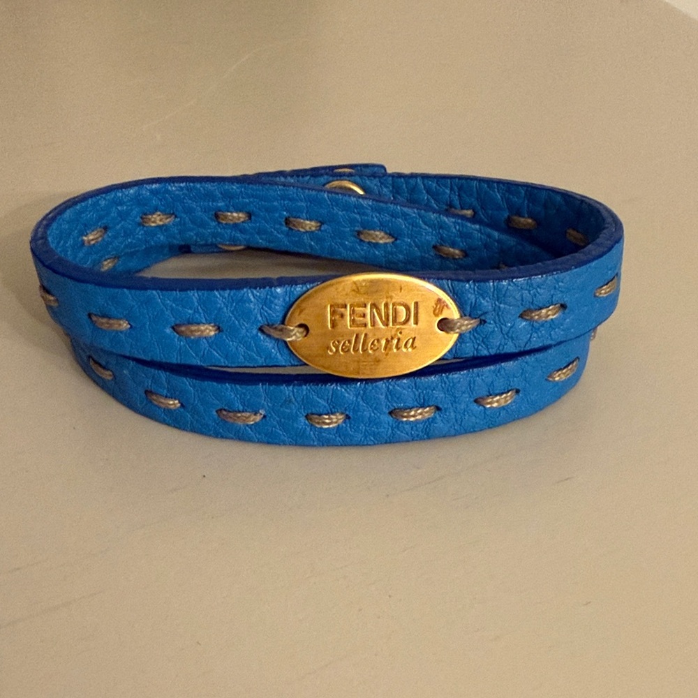 Fendi Azure Leather Wrap Bracelet with Gold Accent